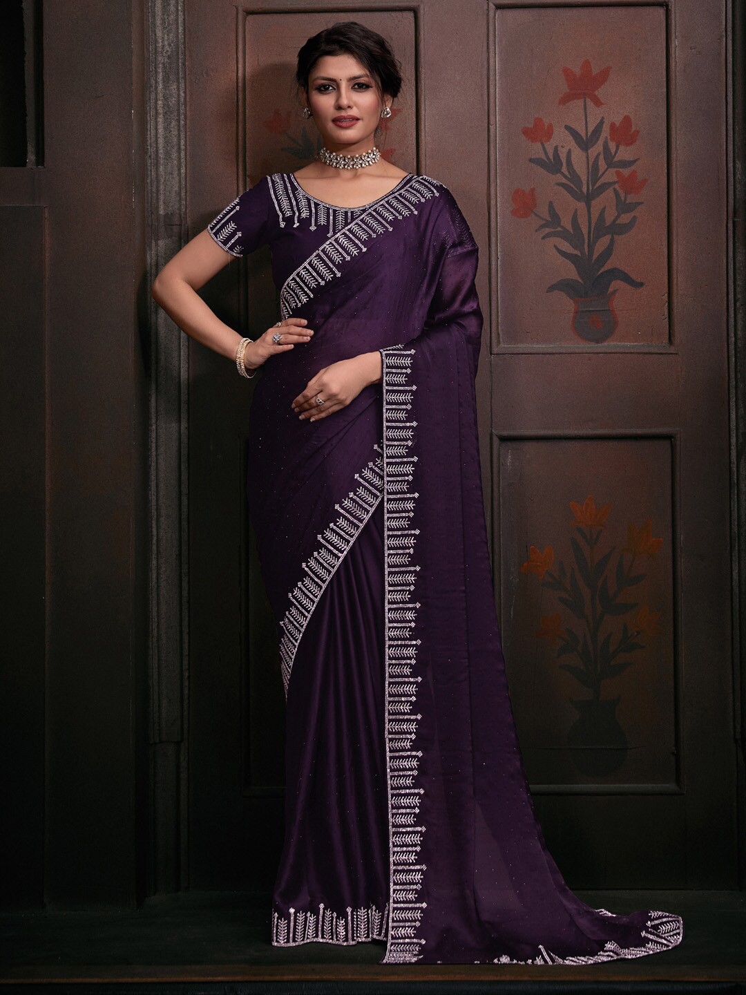 

Saree mall Embellished Beads & Stones Pure Chiffon Saree, Purple