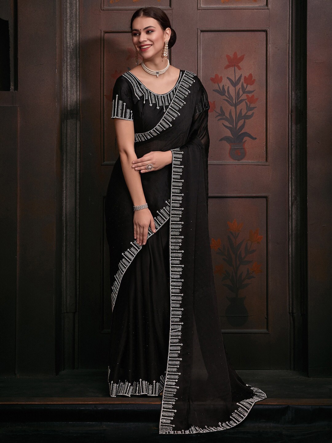 

Saree mall Embellished Beads and Stones Pure Chiffon Saree, Black