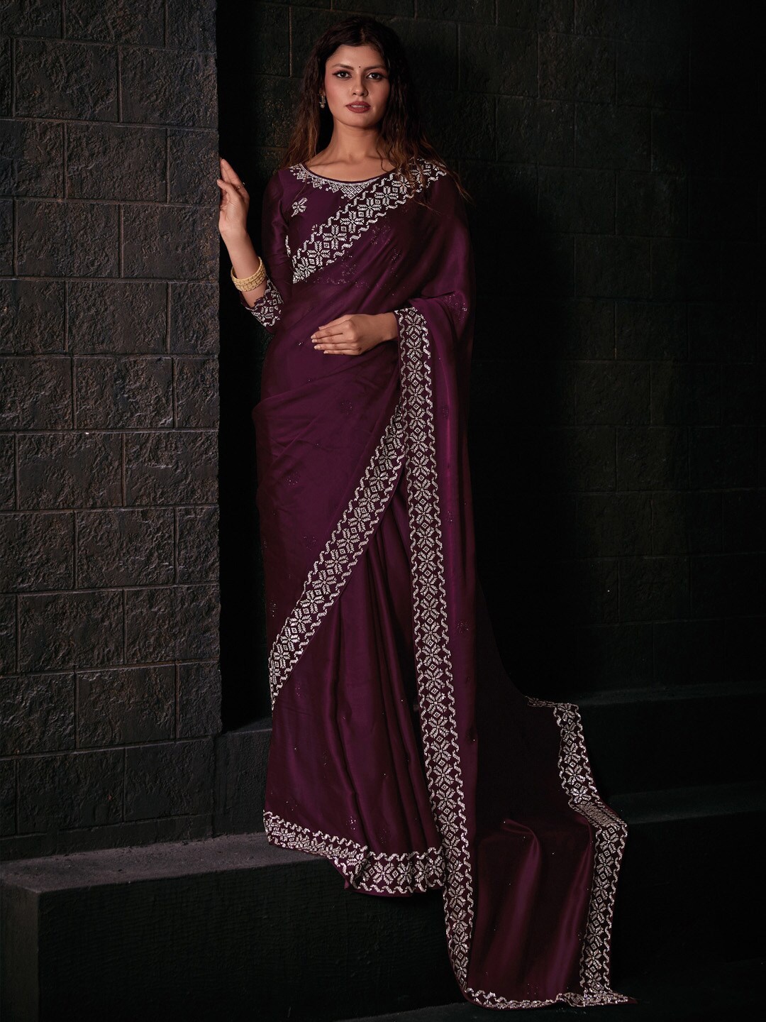 

Saree mall Magenta Beads and Stones Pure Chiffon Saree