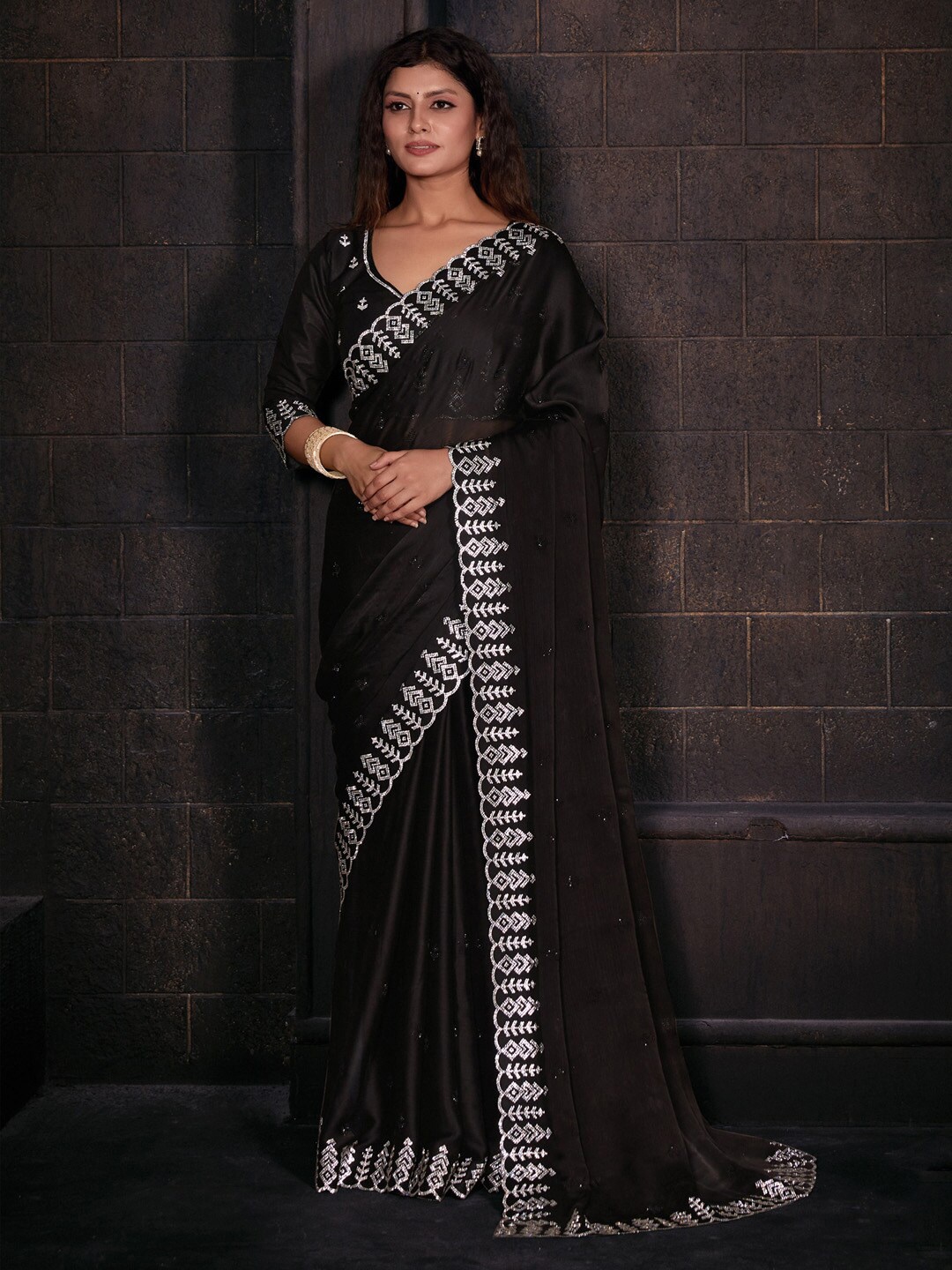 

Saree mall Black Beads and Stones Embellished Pure Chiffon Saree