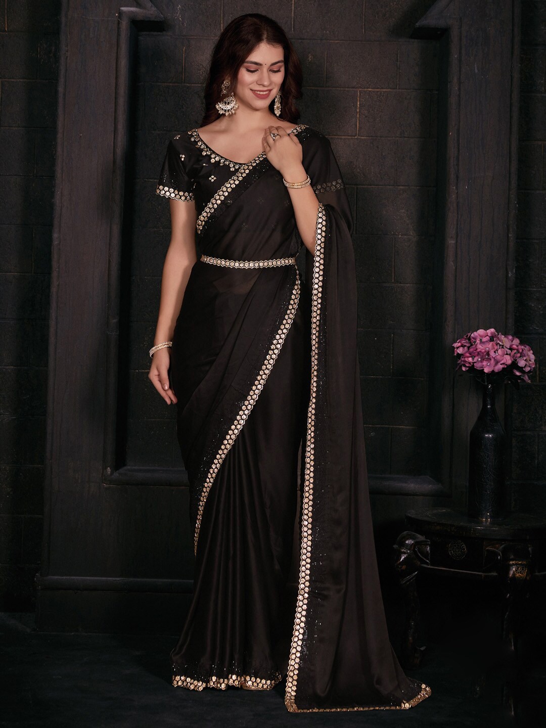 

Saree mall Black Embellished Beads and Stones Satin Saree