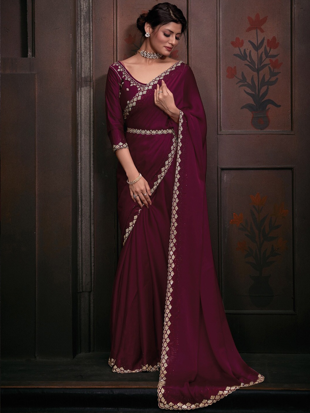 

Saree mall Pink Embellished Beads and Stones Satin Saree, Maroon