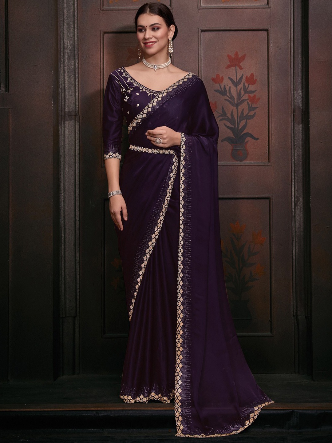 

Saree mall Purple Beads and Stones Satin Embellished Saree