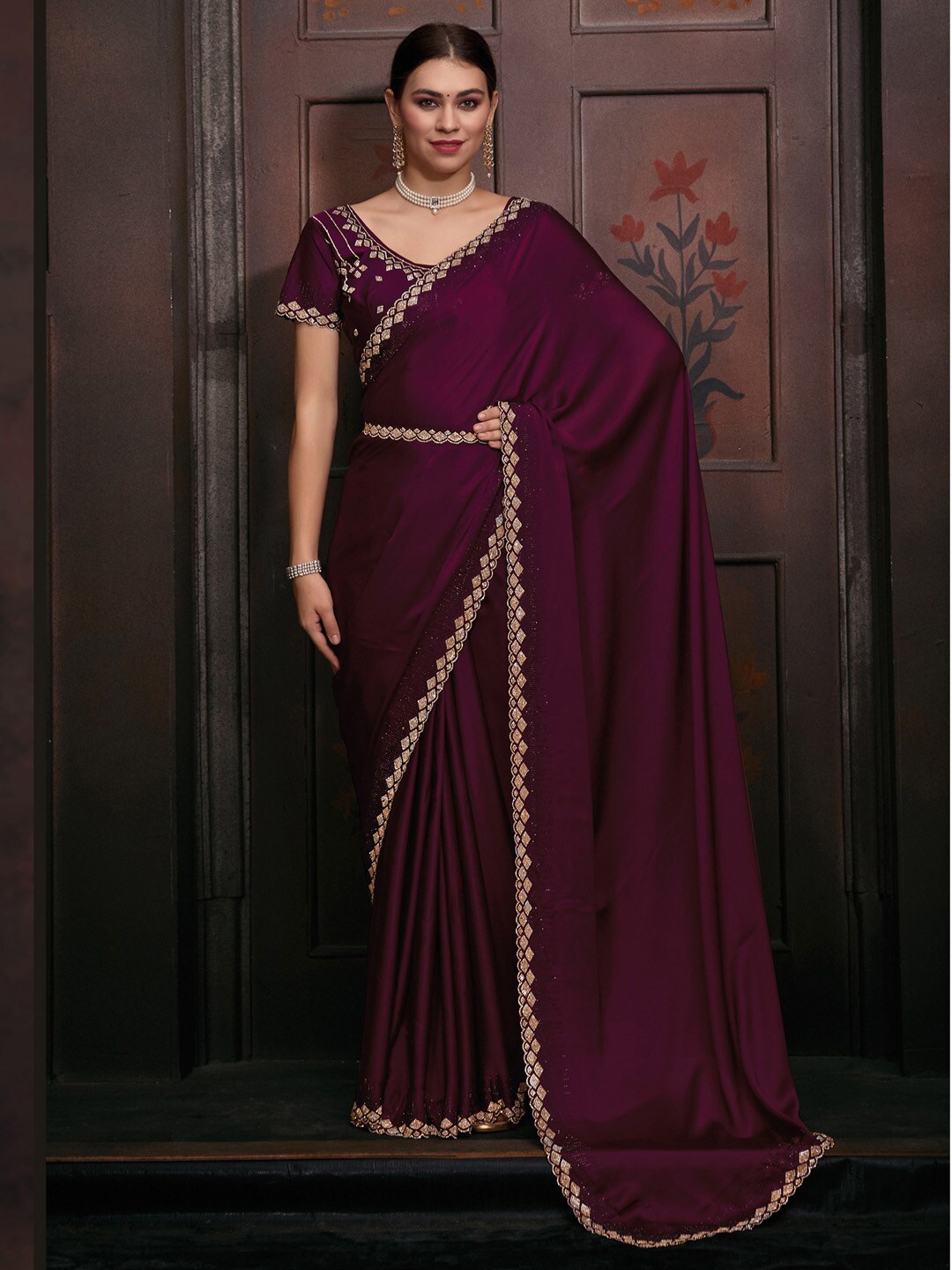 

Saree mall Beads & Stones Satin Sarees, Magenta