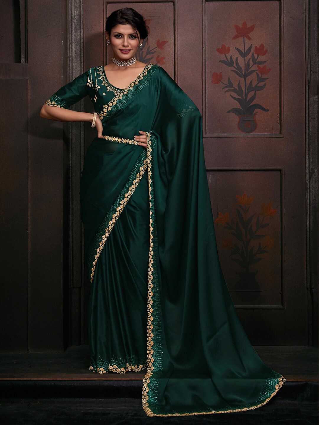 

Saree mall Embellished Beads and Stones Satin Belted Saree, Teal