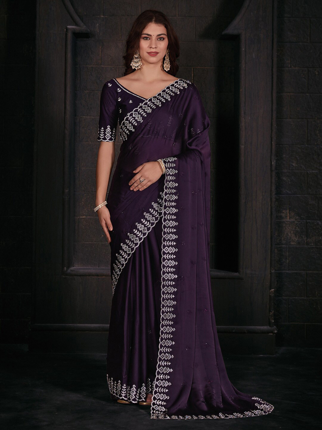 

Saree mall Beads and Stones Embellished Pure Chiffon Sarees, Purple