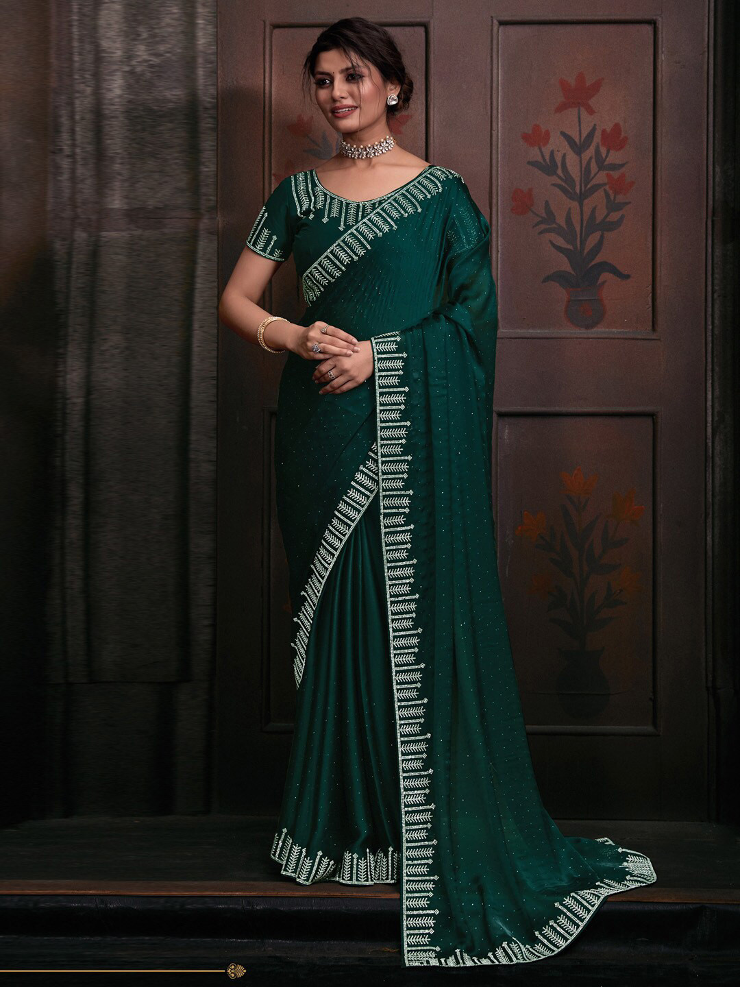 

Saree mall Beads and Stones Pure Chiffon Sarees, Teal