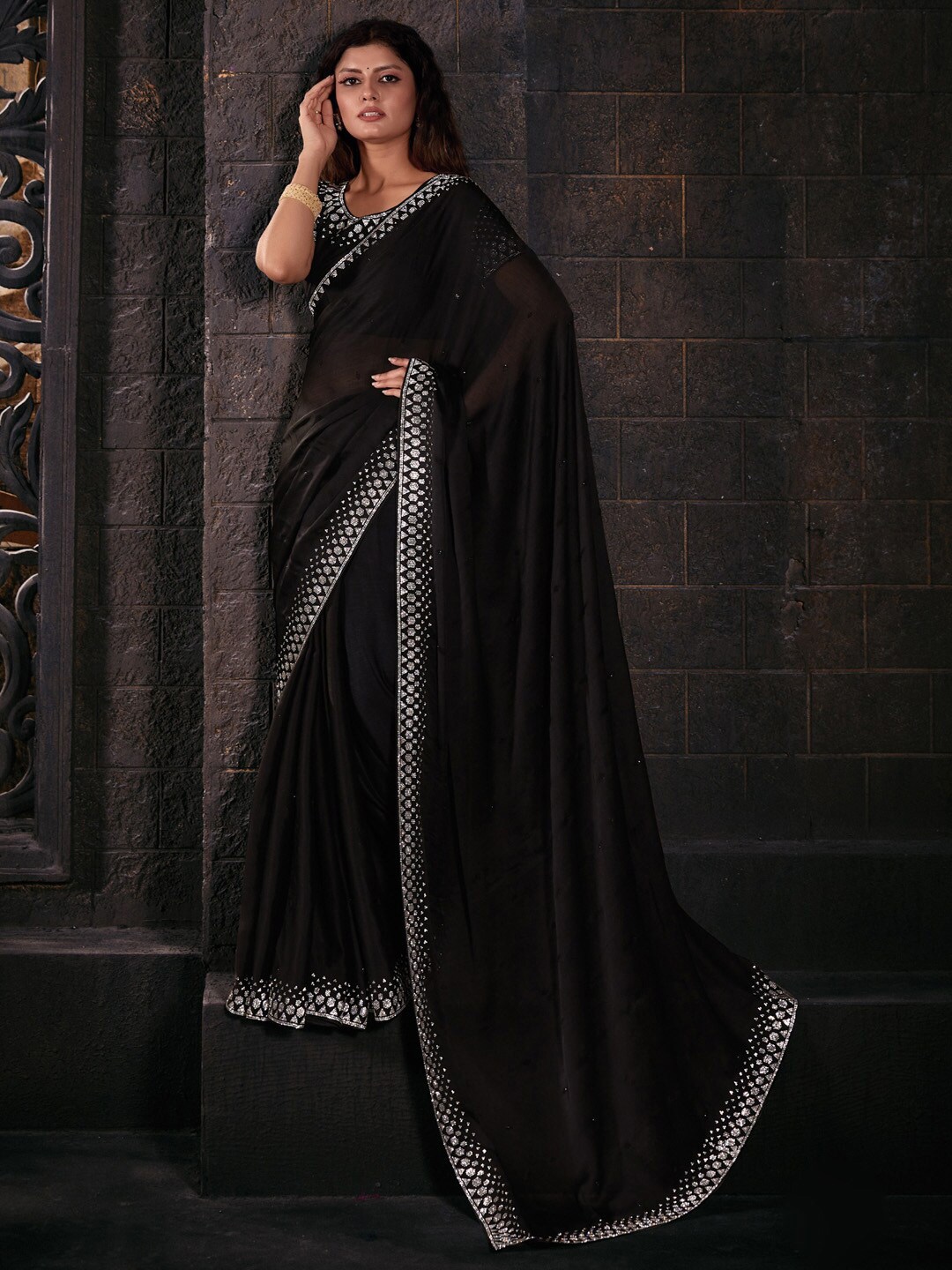 

Saree mall Beads and Stones Embellished Pure Chiffon Saree, Black
