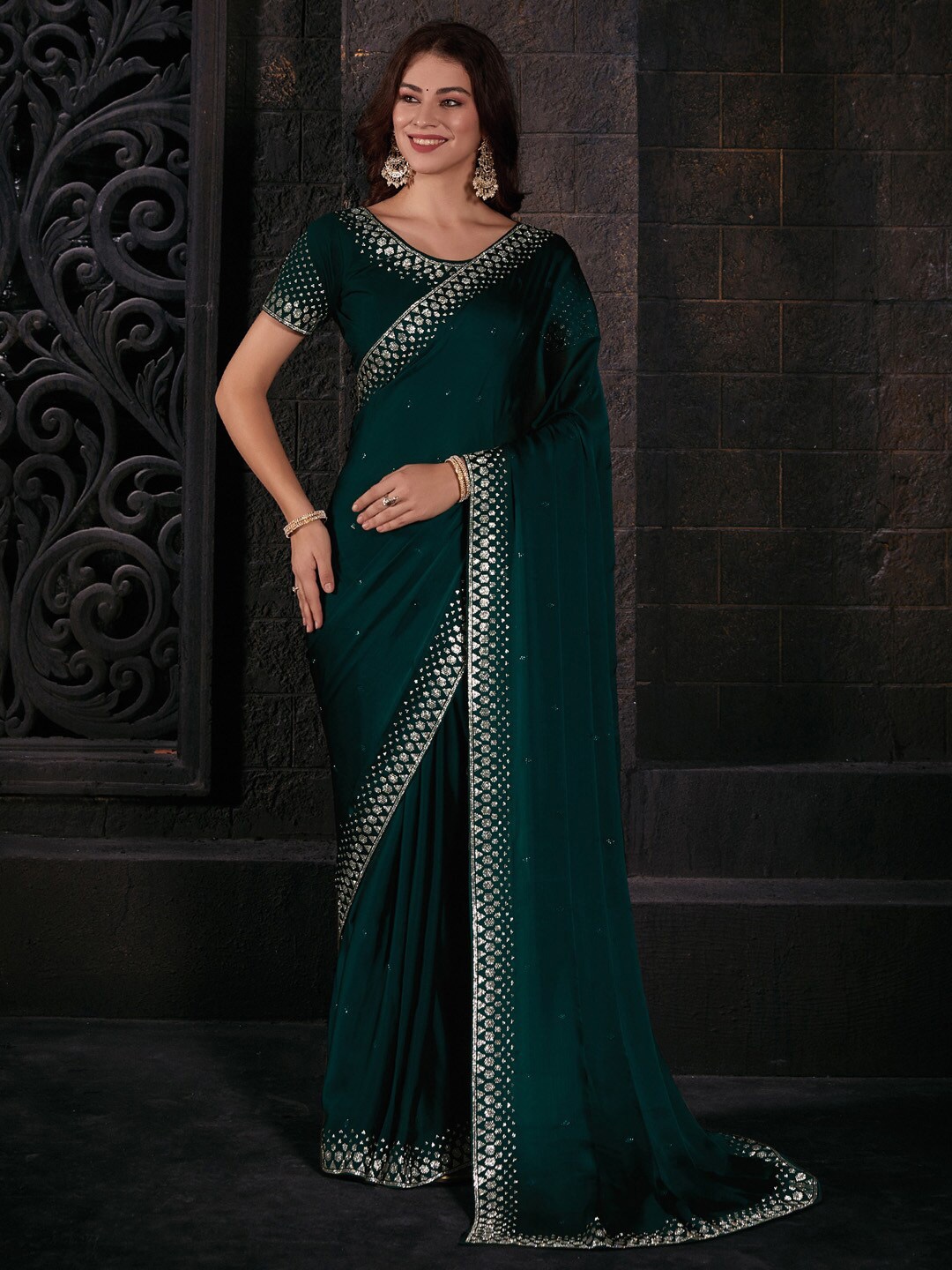 

Saree mall Embellished Beads and Stones Pure Chiffon Saree, Teal