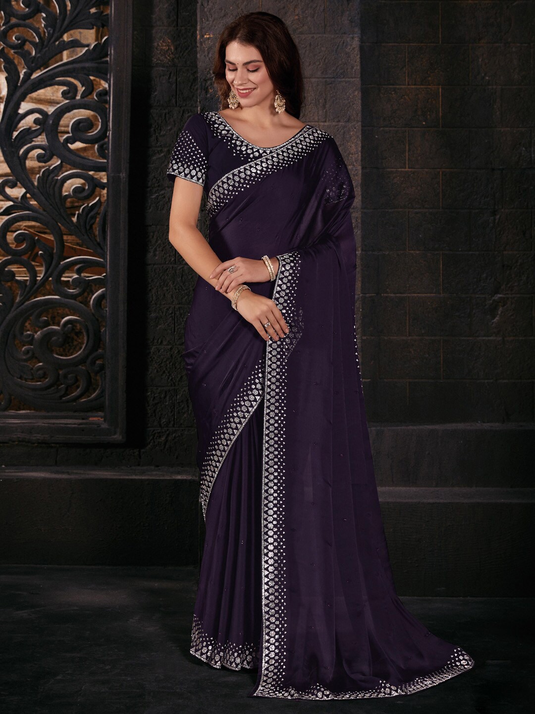 

Saree mall Beads & Stones Pure Chiffon Sarees, Purple