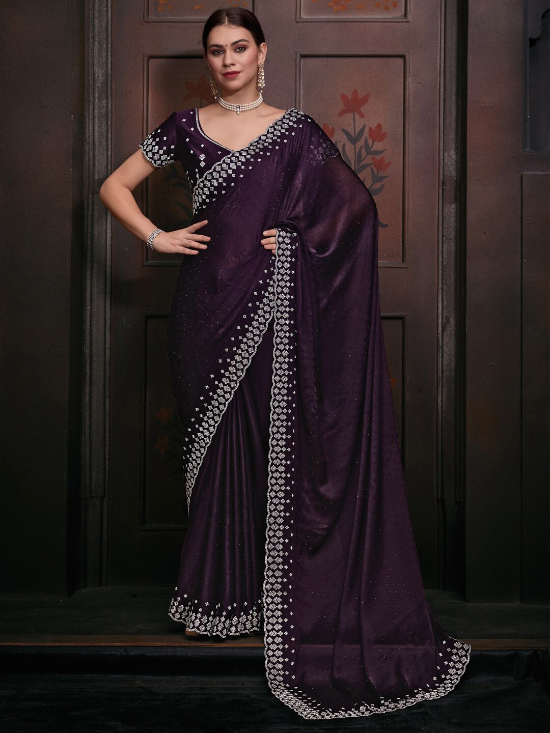 

Saree mall Beads & Stones Pure Chiffon Saree, Purple