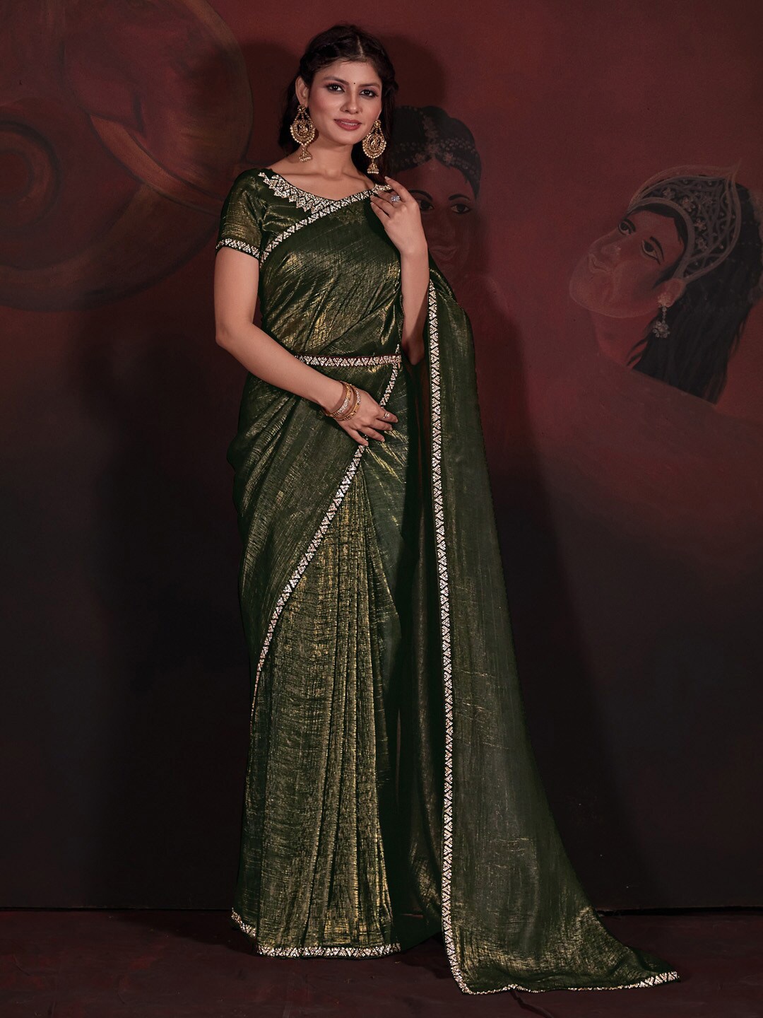 

Saree mall Woven Design Beads and Stones Belted Satin Sarees, Olive