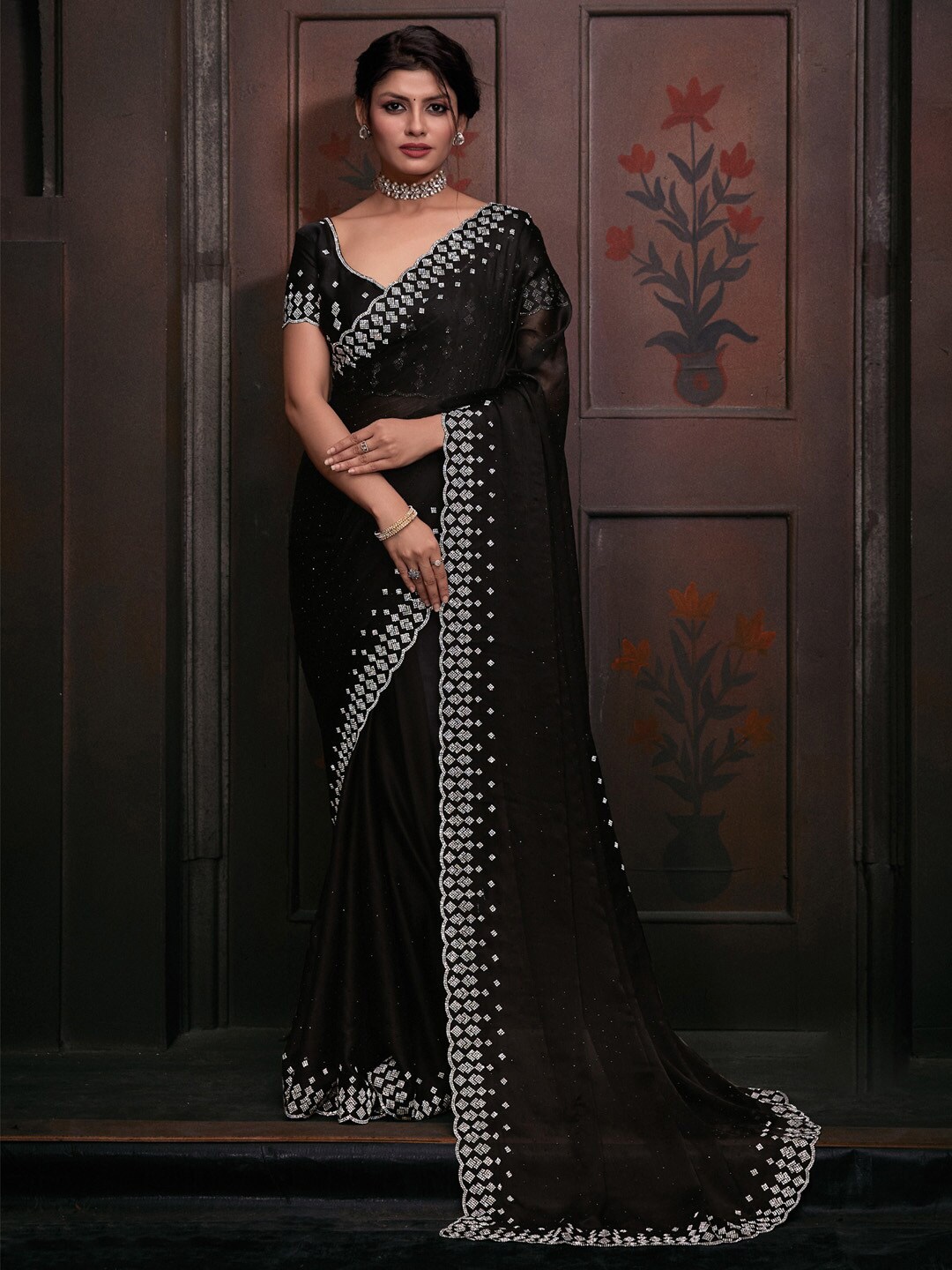 

Saree mall Beads and Stones Embellished Pure Chiffon Saree, Black