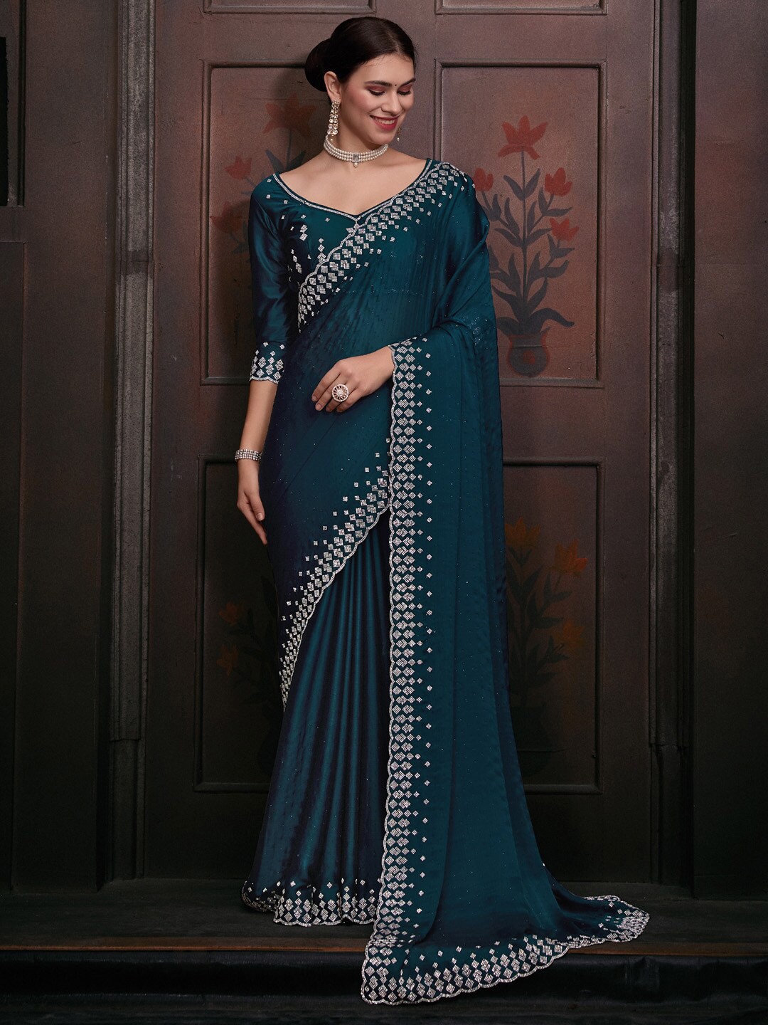 

Saree mall Beads and Stones Embellished Pure Chiffon Saree, Teal