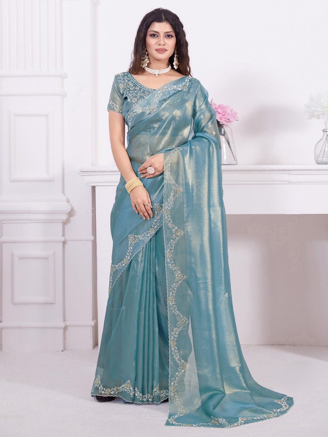 

Saree mall Beads & Stones Organza Saree, Teal