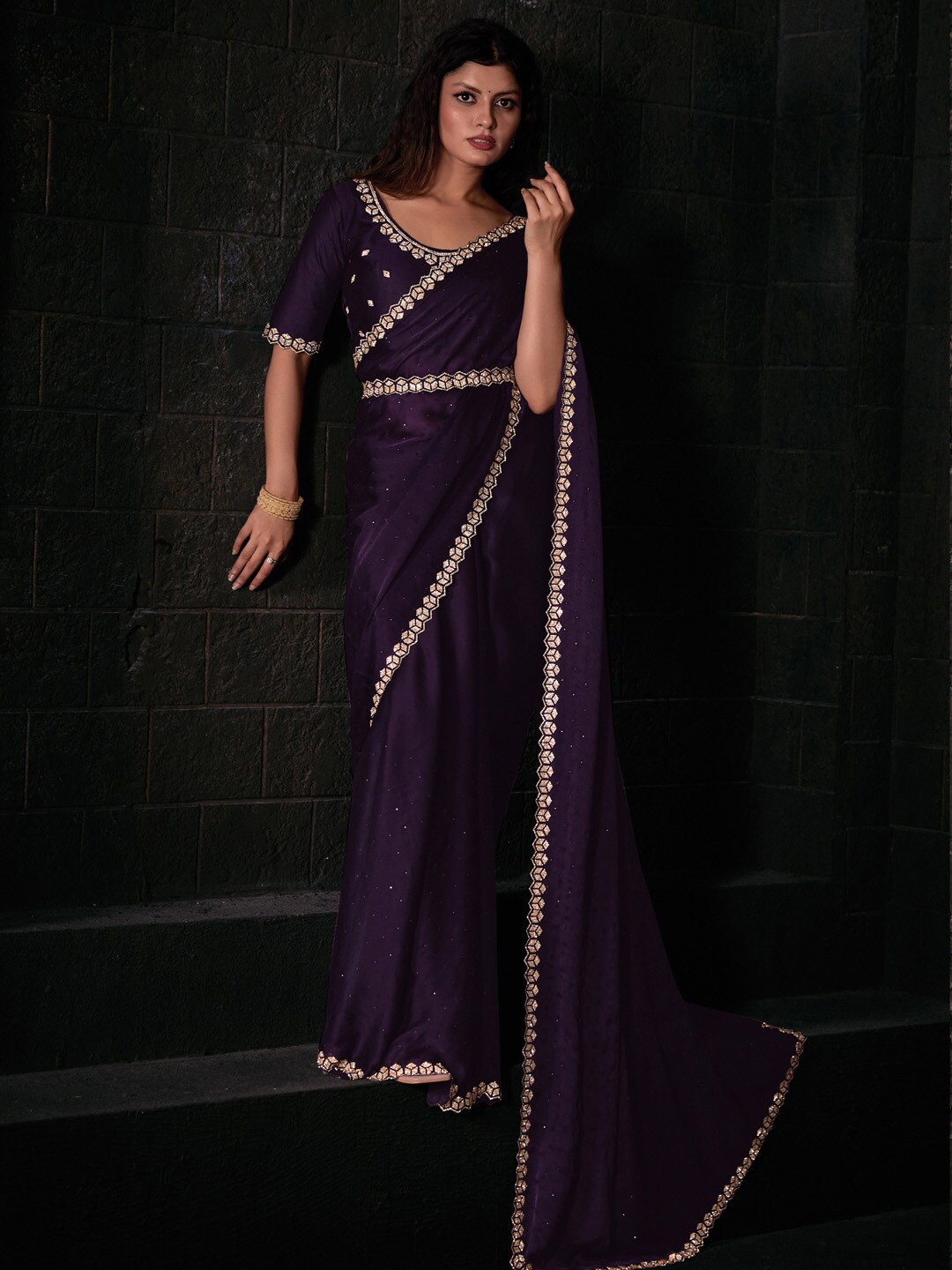 

Saree mall Beads and Stones Embellished Satin Saree, Purple