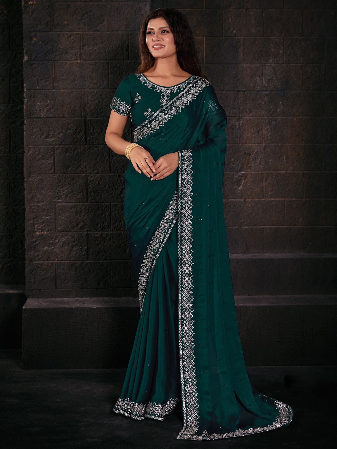 

Saree mall Teal Embellished Beads and Stones Poly Chiffon Saree