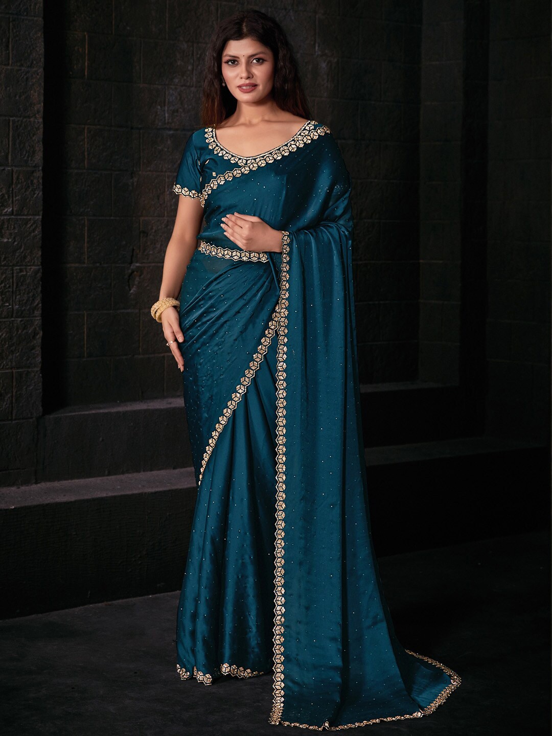 

Saree mall Embellished Beads & Stones Satin Silk Saree, Teal