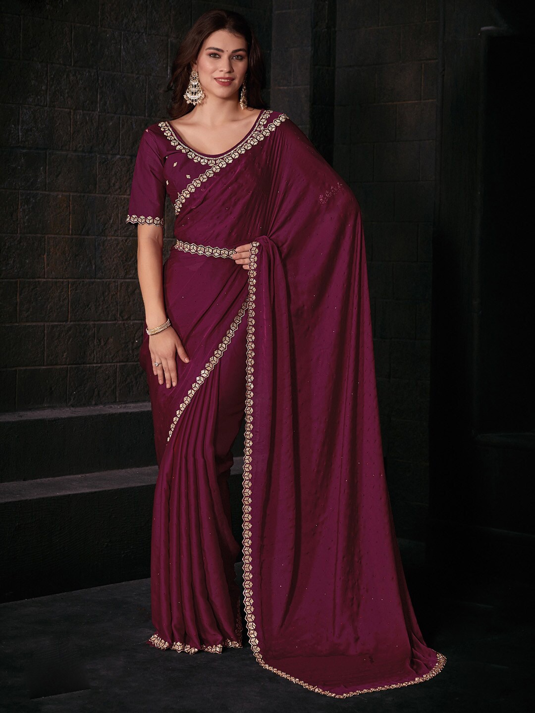 

Saree mall Embellished Beads and Stones Satin Saree, Pink
