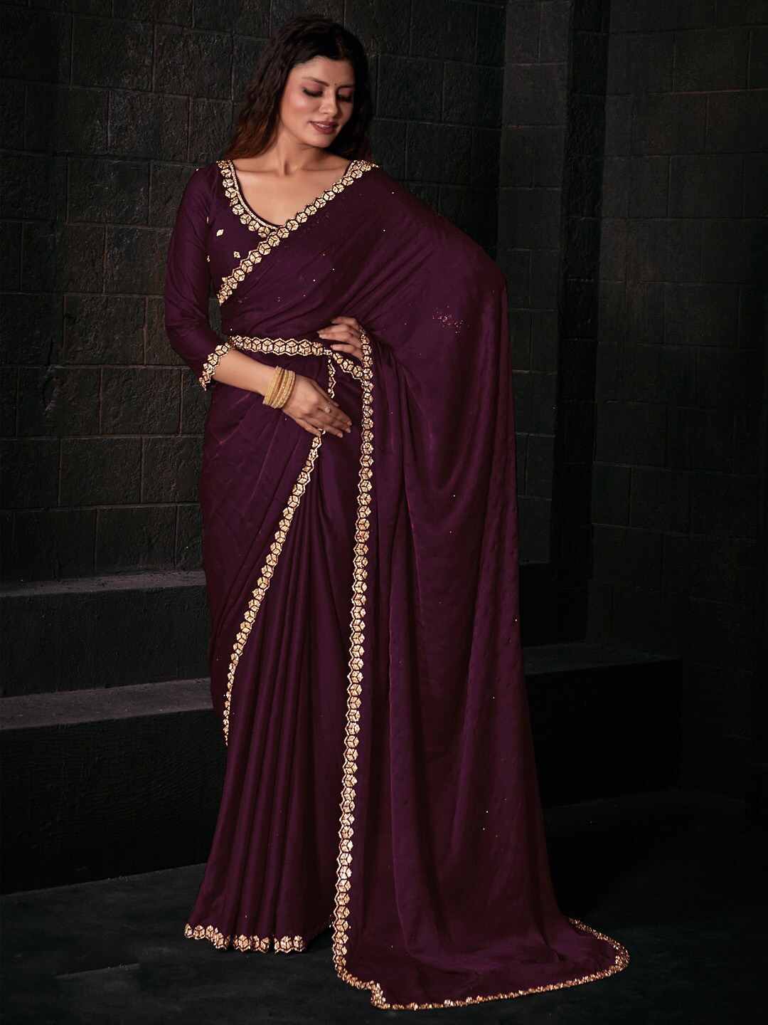 

Saree mall Beads & Stones Satin Sarees, Magenta