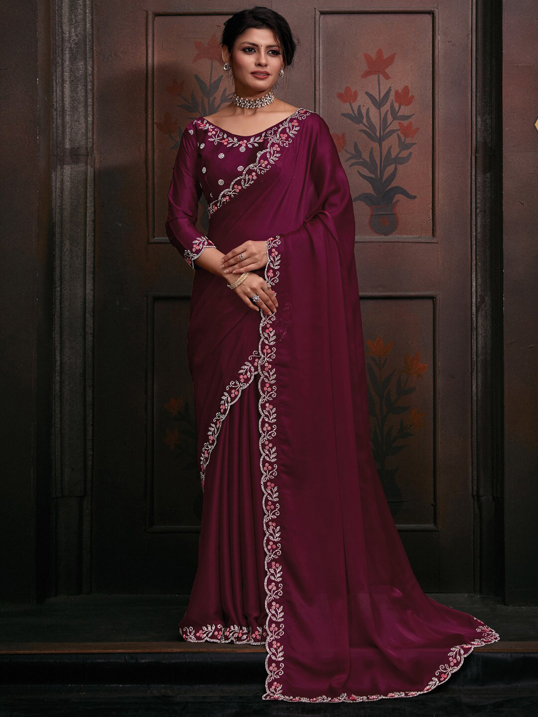 

Saree mall Pink Beads and Stones Pure Chiffon Saree