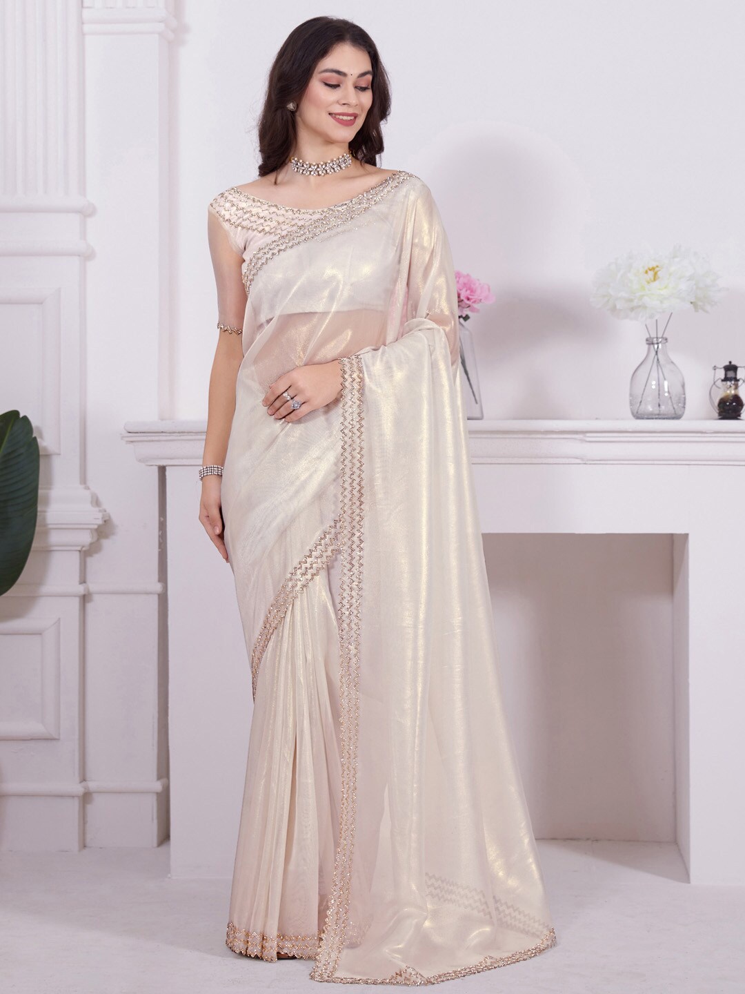 

Saree mall Cream Coloured Embellished Beads and Stones Organza Saree