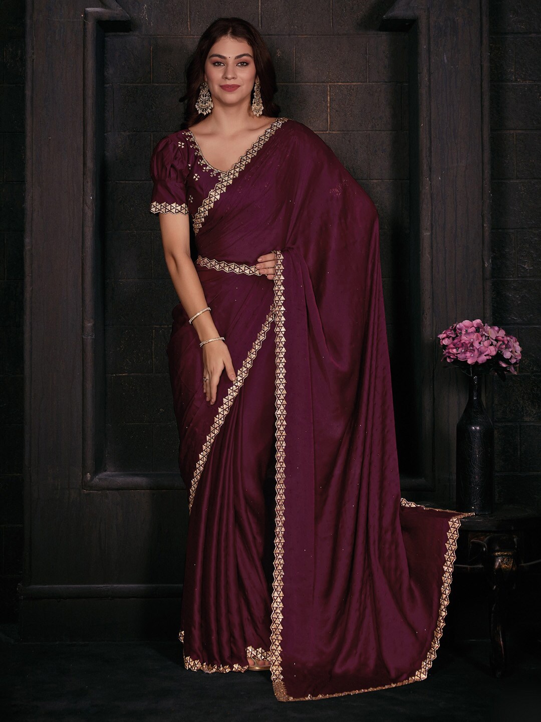 

Saree mall Embellished Border Beads & Stones Satin Silk Saree, Magenta