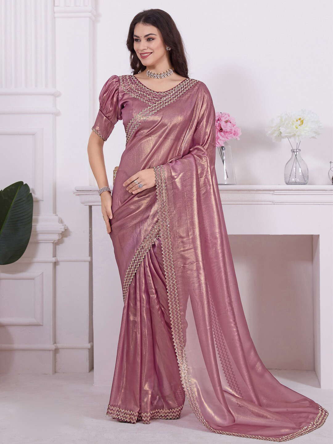 

Saree mall Beads and Stones Organza Sarees, Pink