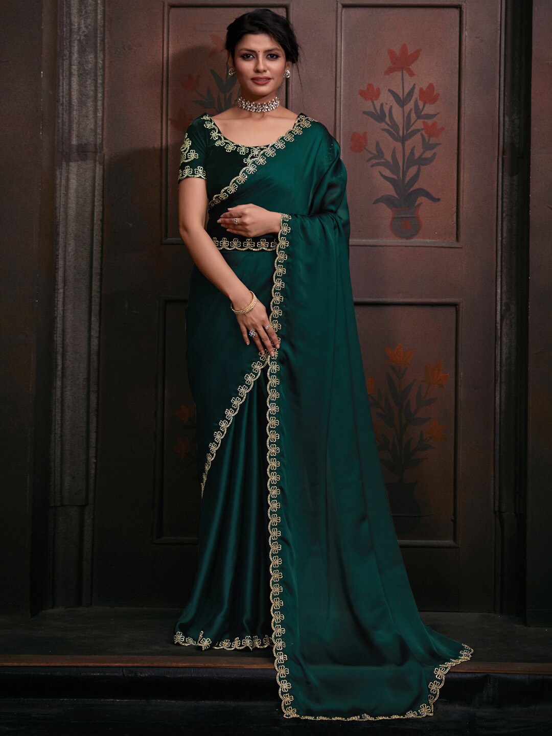 

Saree mall Beads & Stones Satin Sarees, Green