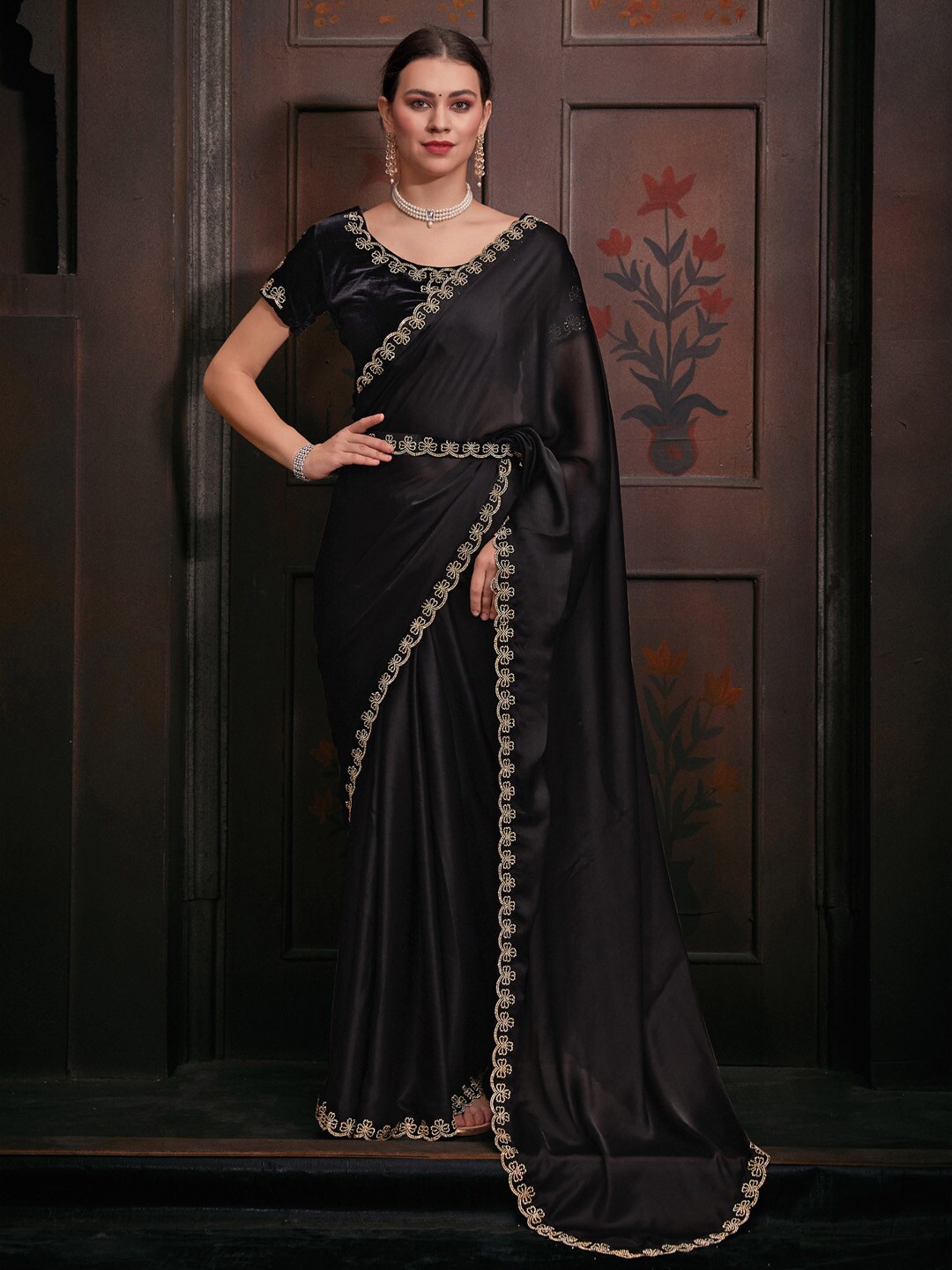 

Saree mall Embellished Border Satin Saree, Black