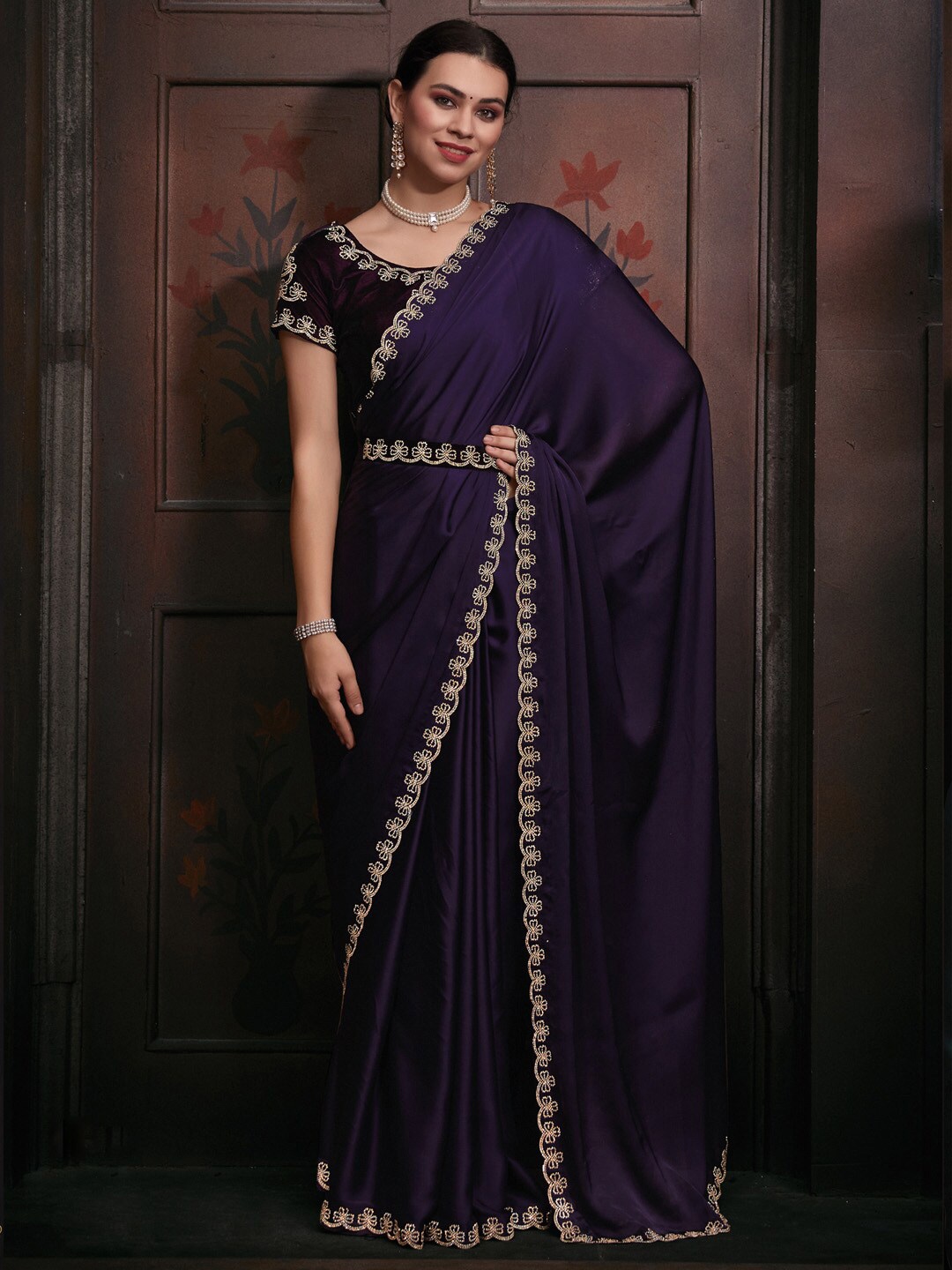 

Saree mall Beads and Stones Embellished Satin Saree, Purple