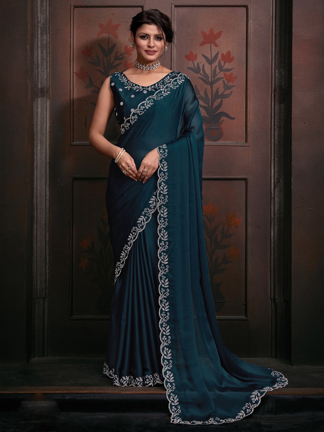 

Saree mall Bead & Stones Pure Chiffon Saree, Teal