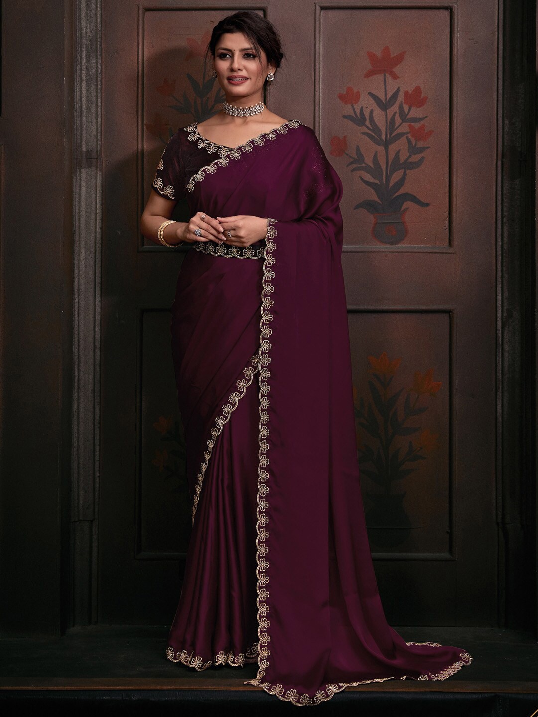 

Saree mall Embellished Border Beads and Stones Satin Saree, Magenta