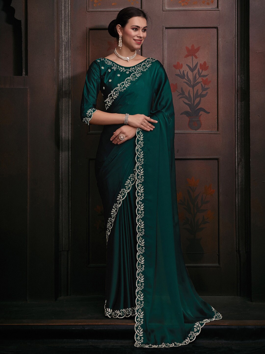 

Saree mall Beads & Stones Pure Chiffon Saree, Teal