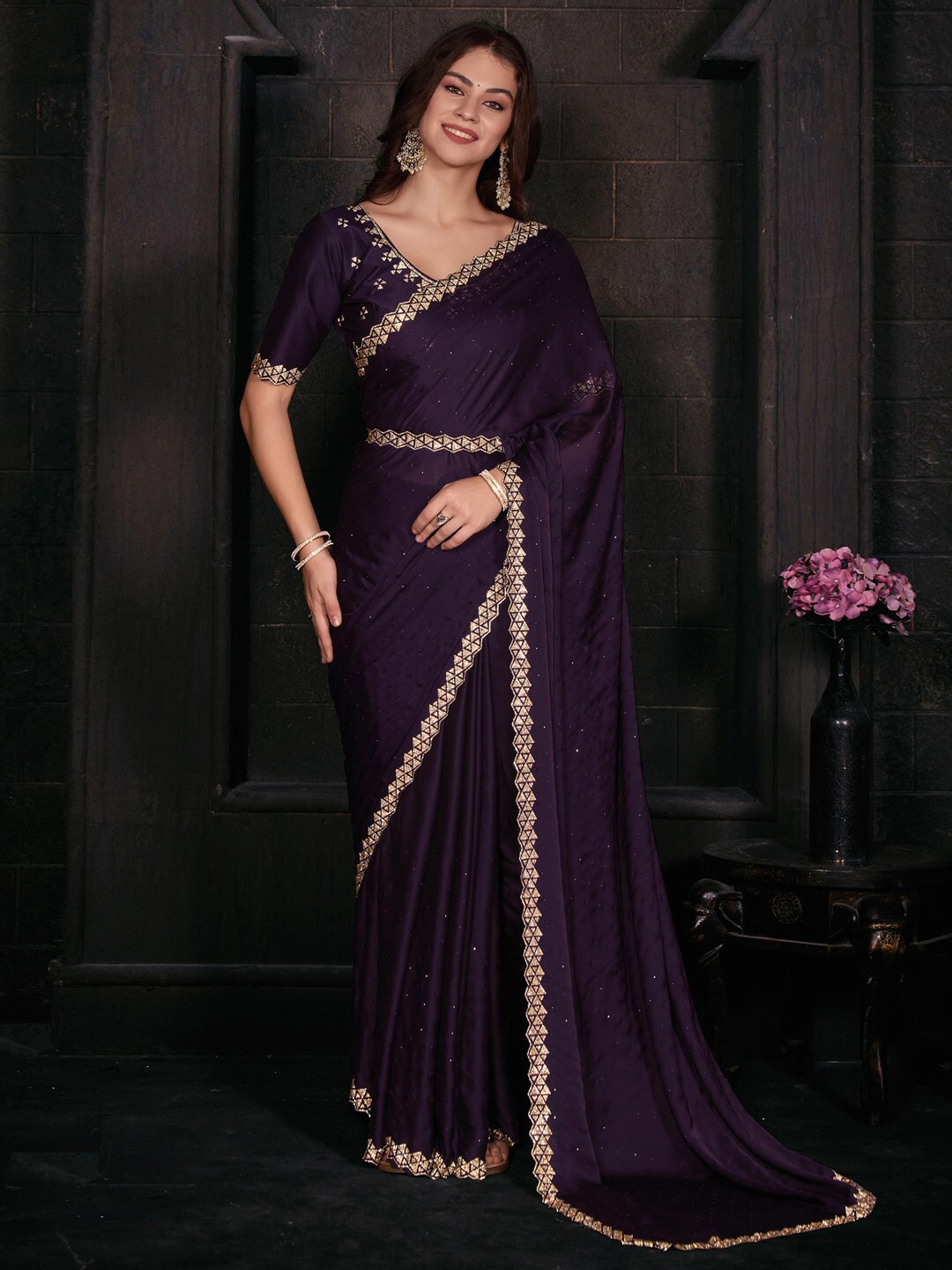 

Saree mall Embellished Beads & Stones Satin Sarees, Purple
