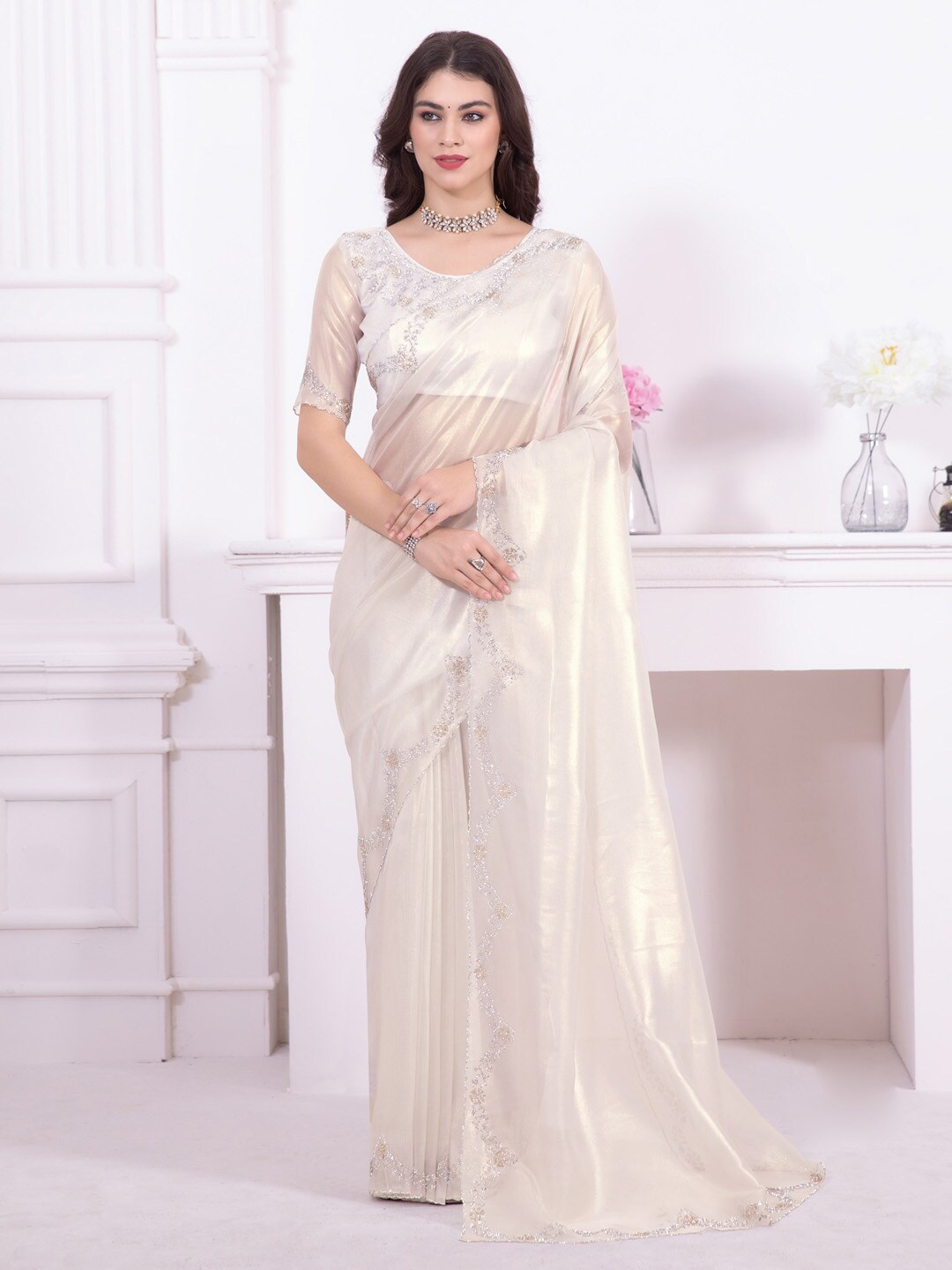 

Saree mall Beads & Stones Organza Saree, White