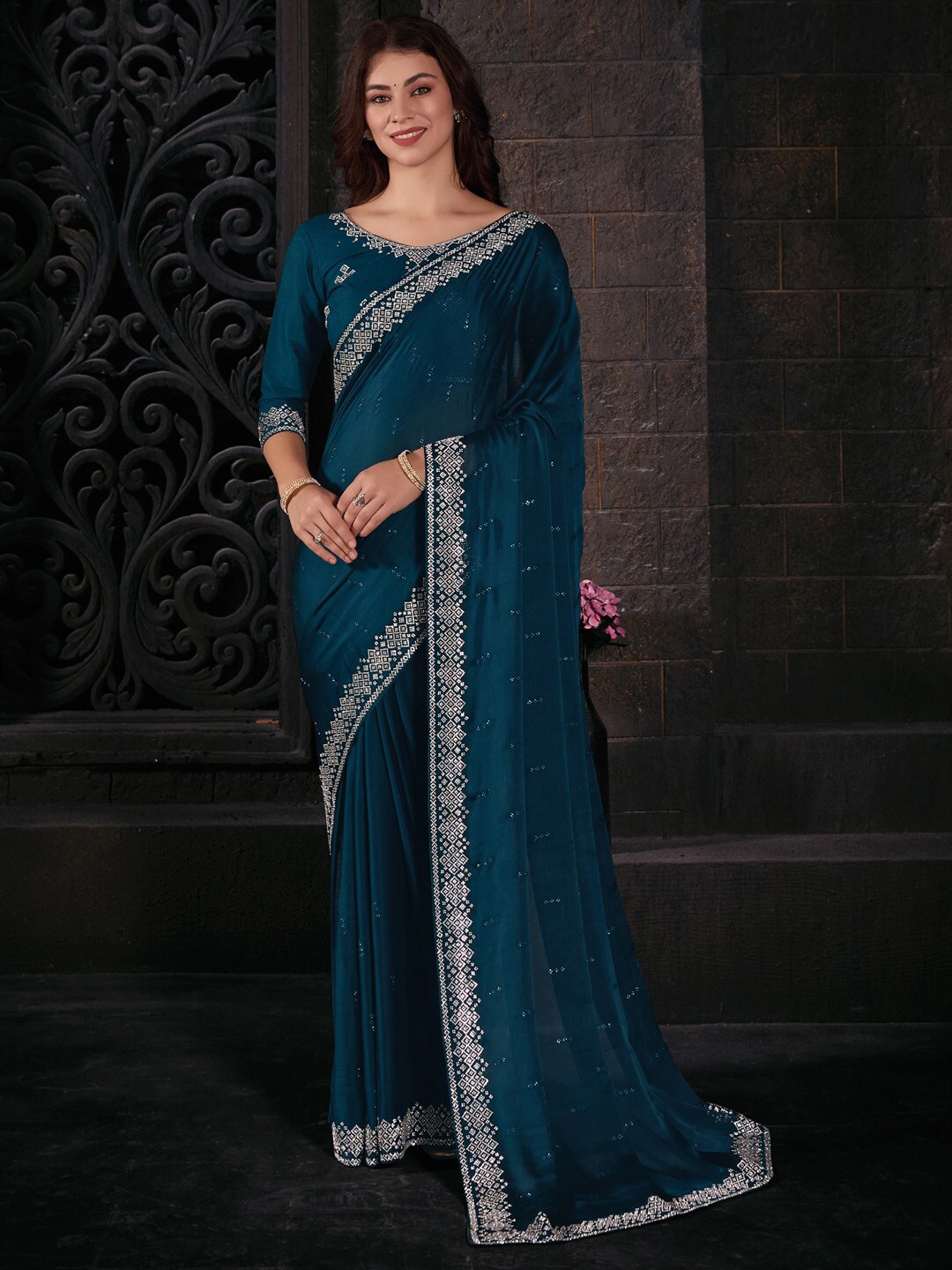 

Saree mall Beads and Stones Pure Chiffon Sarees, Teal