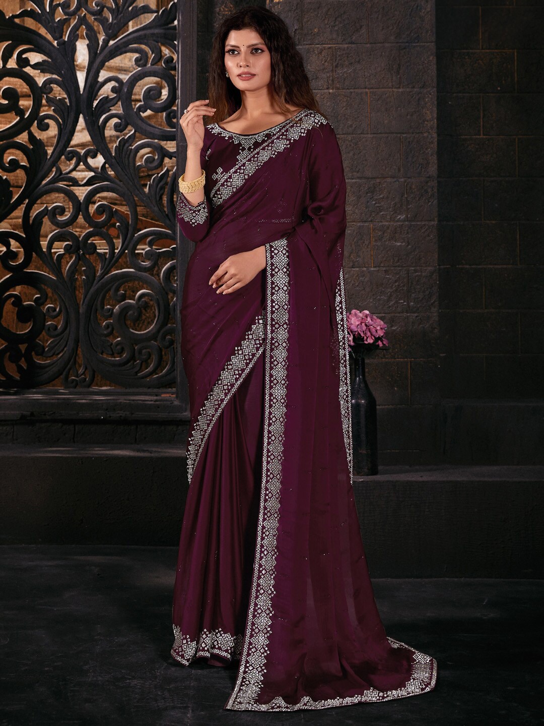 

Saree mall Magenta Embellished Beads and Stones Pure Chiffon Saree