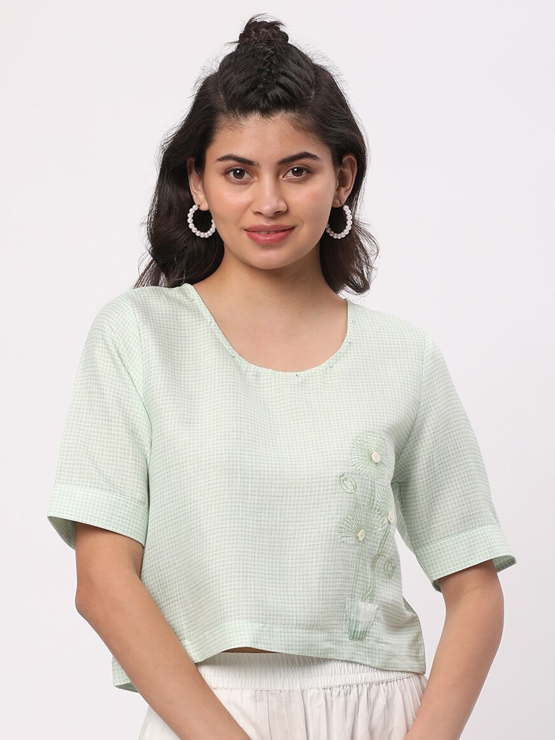 

R&B Checked Embroidered Cotton Top, Green
