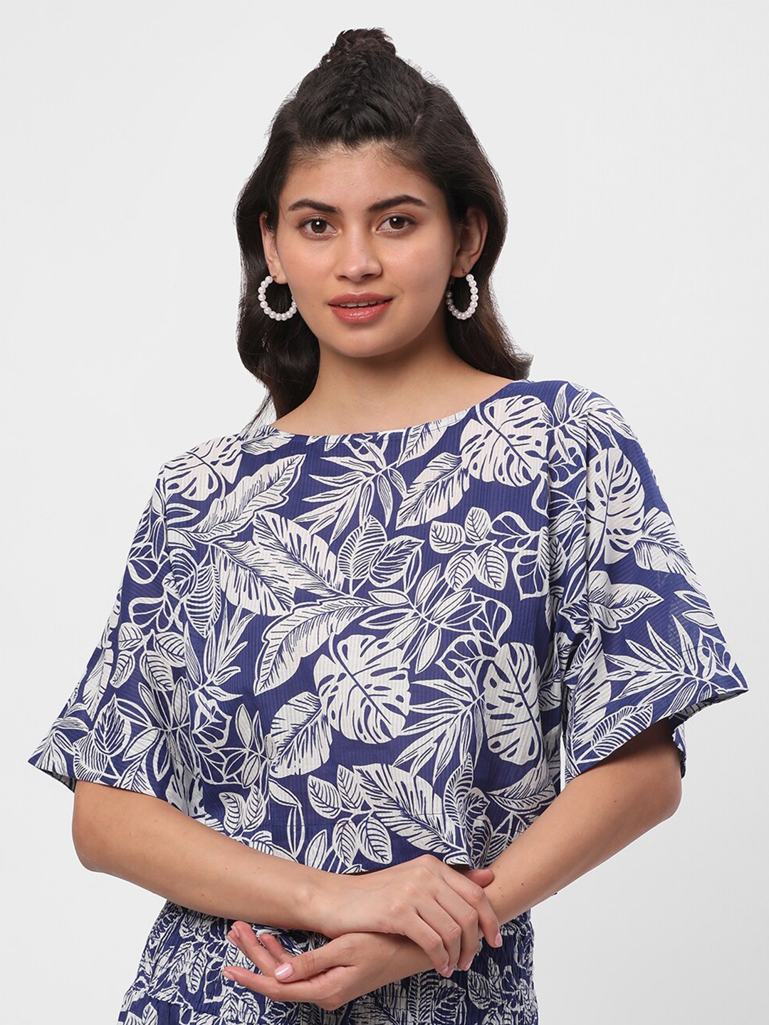 

R&B Floral Printed Flared Sleeve Cotton Top, Blue