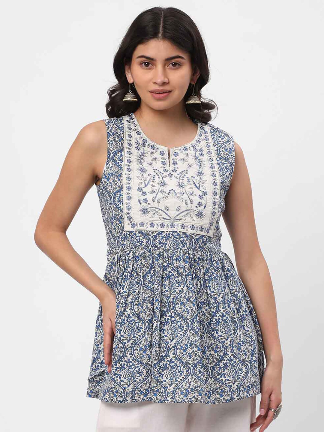 

R&B Ethnic Print Sleeveless Cotton Top, Blue