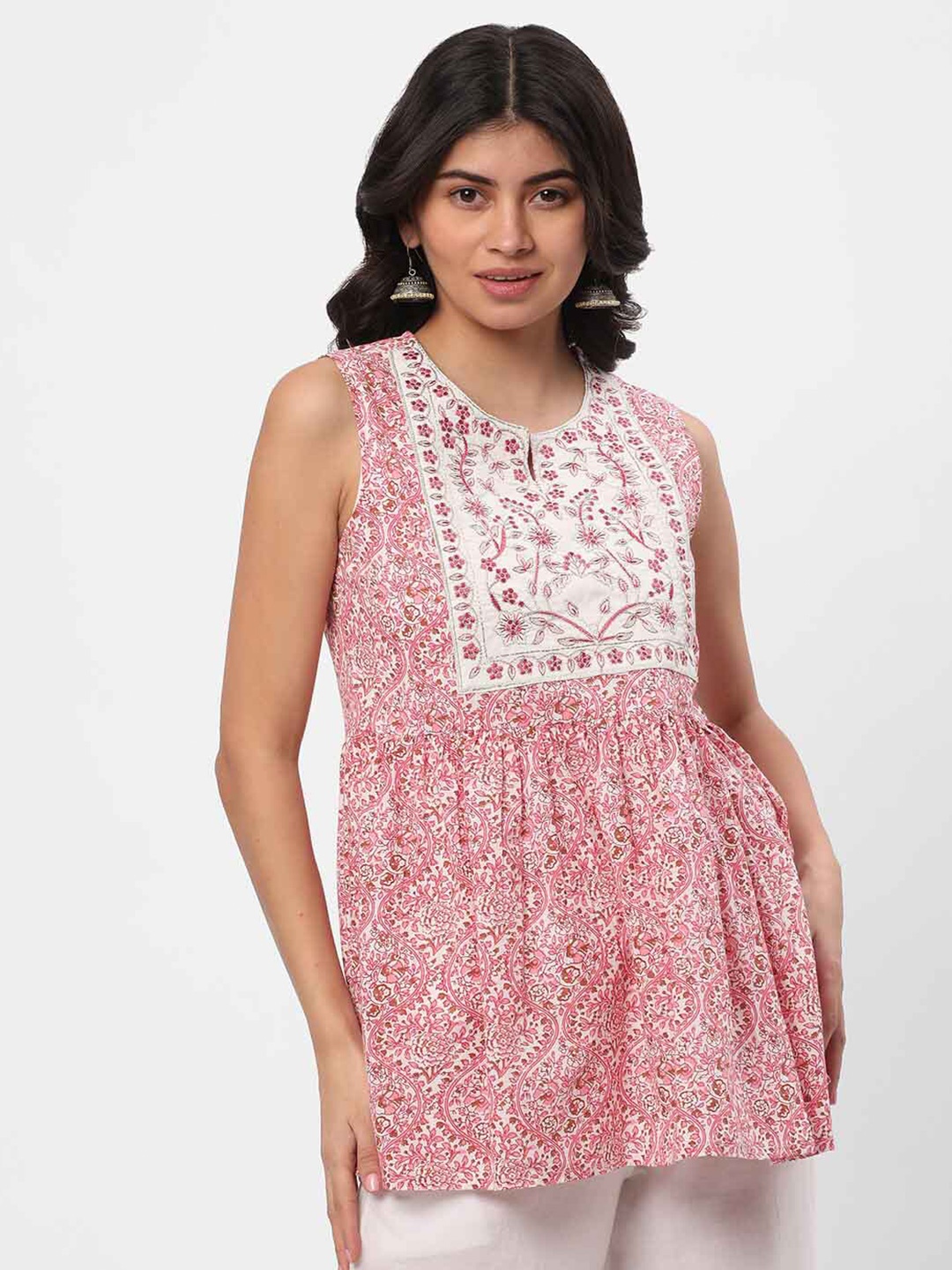 

R&B Floral Printed Embroidered A-Line Cotton Top, Pink