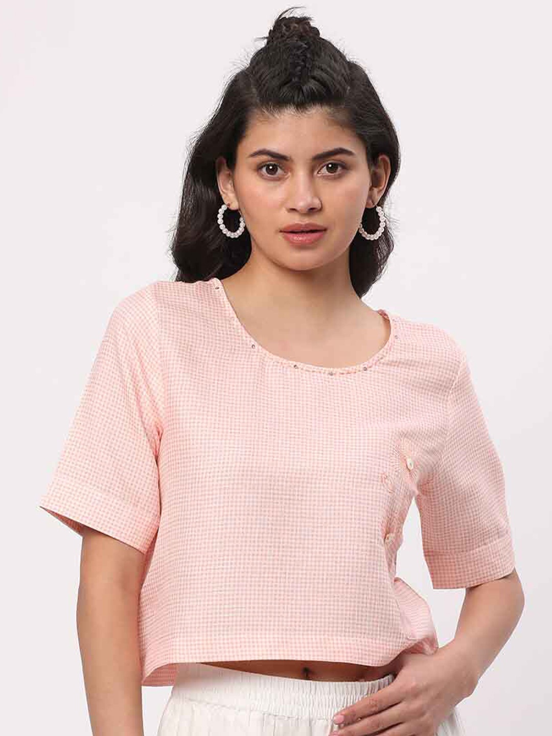

R&B Checked Sequined Cotton Top, Pink