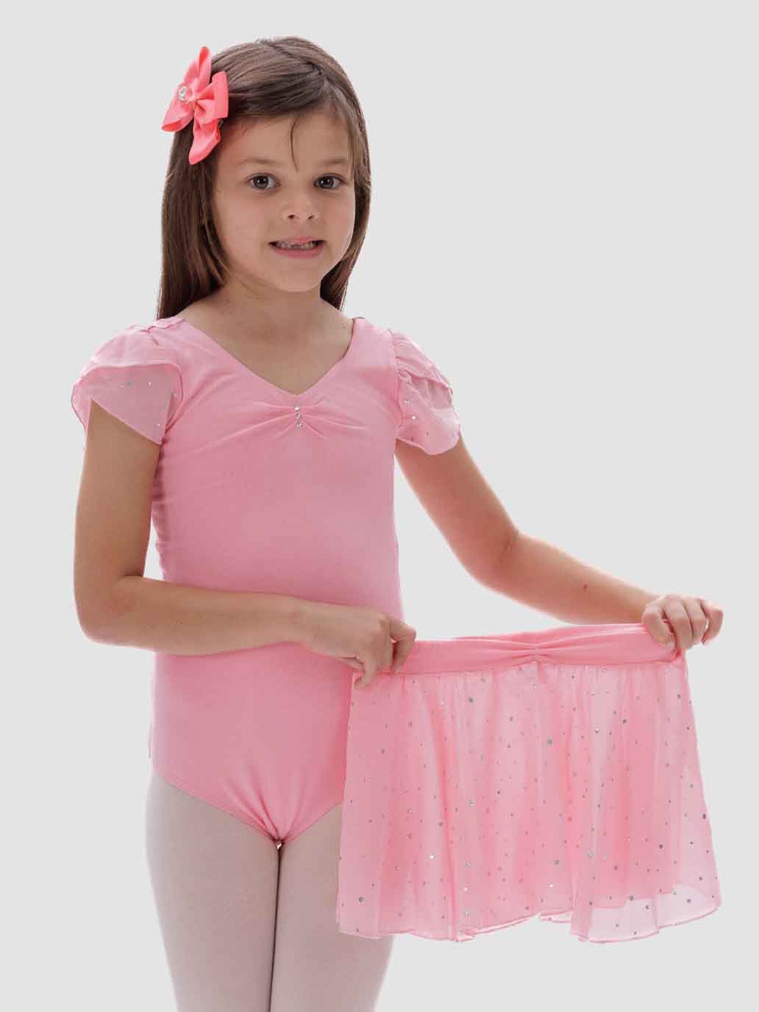 

IKAANYA Girls V-Neck Leotard With Embellished Skirt, Pink