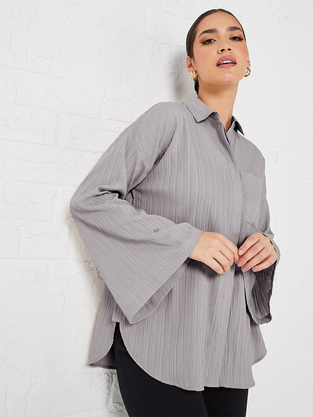 

Styli Flared Sleeve Crepe Oversized Longline Shirt, Grey