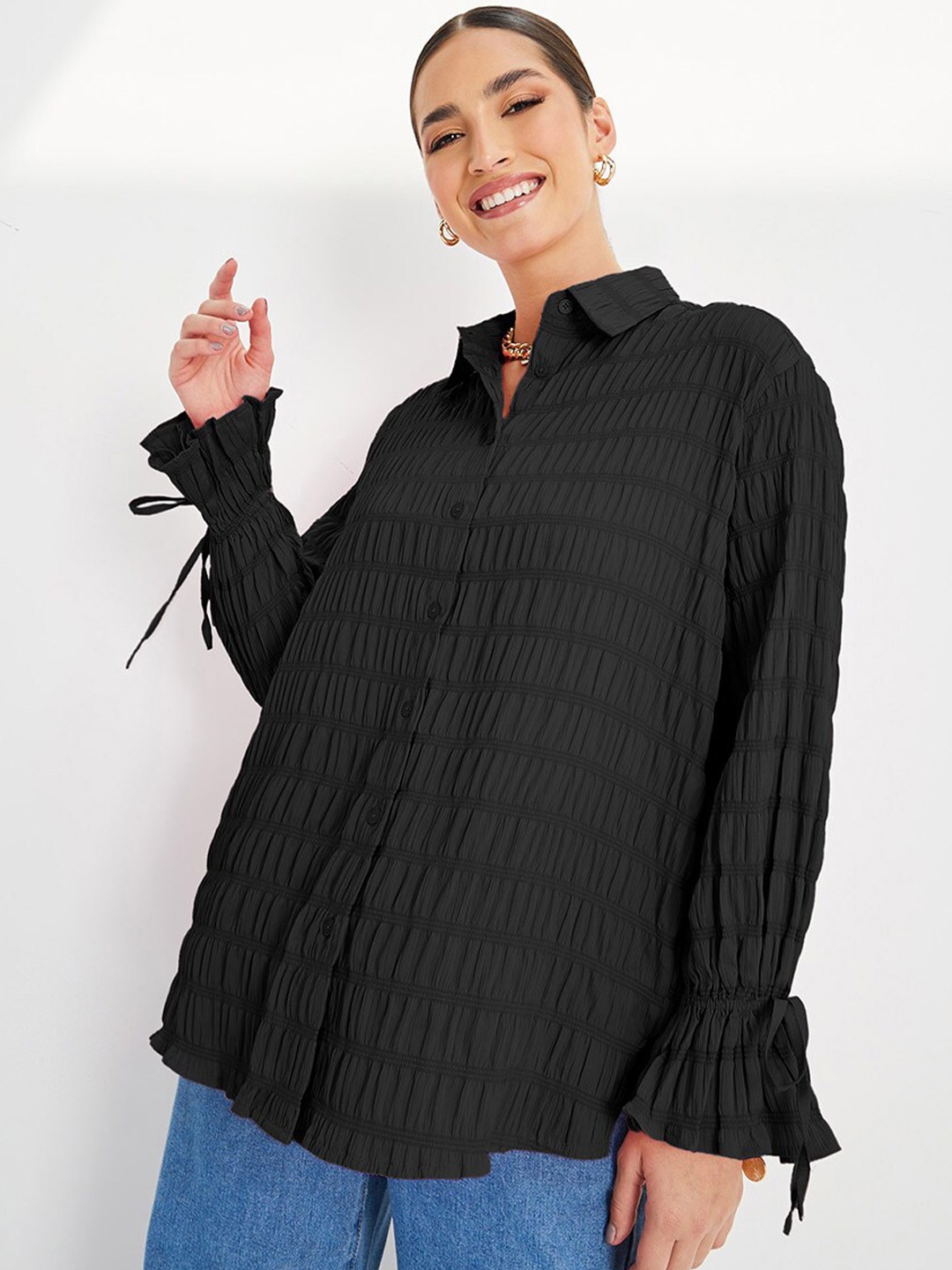 

Styli Oversized long Length Textured Shirt, Black