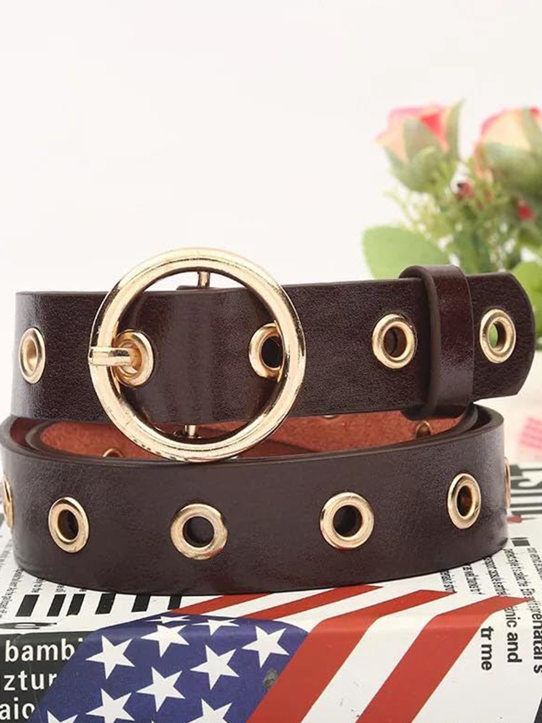 

SYGA Women Round Buckle Eyelet Belt, Coffee brown