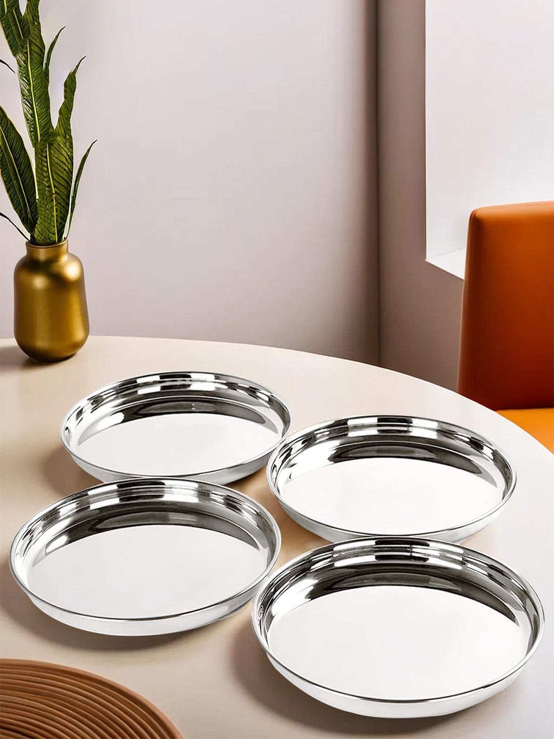 

Kuber Industries 4 Pcs Stainless Steel Dining Plate, Silver