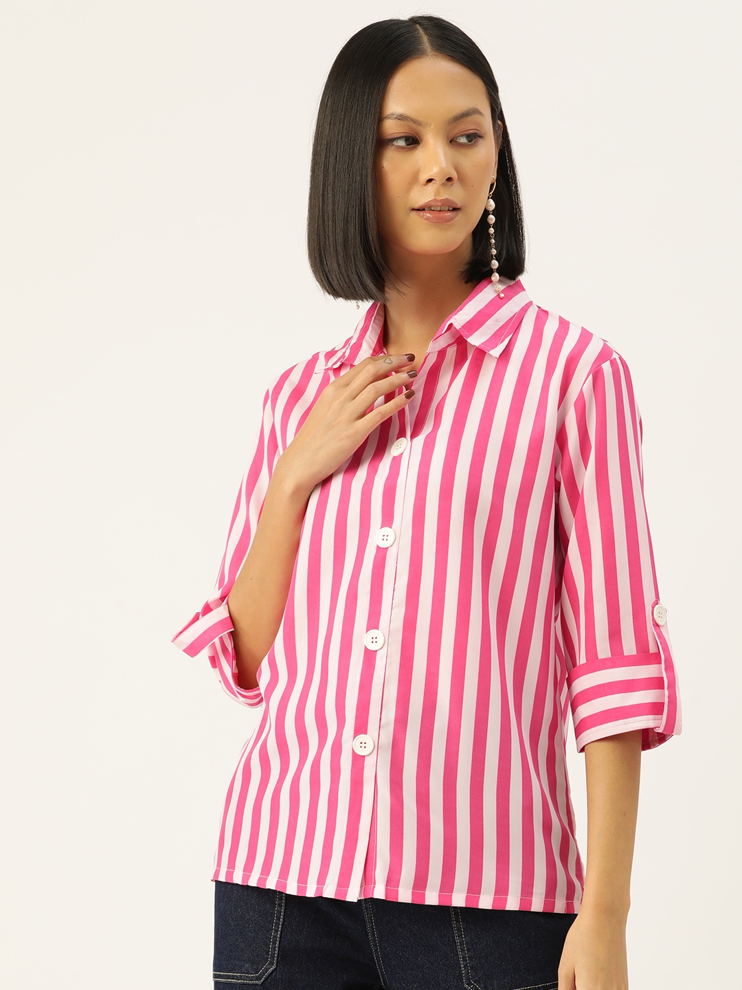 

Sleek Italia Women Standard Opaque Striped Casual Shirt, Pink