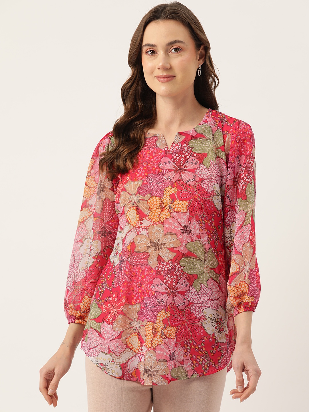 

Sleek Italia Floral Print Puff Sleeves Georgette Longline Top, Red